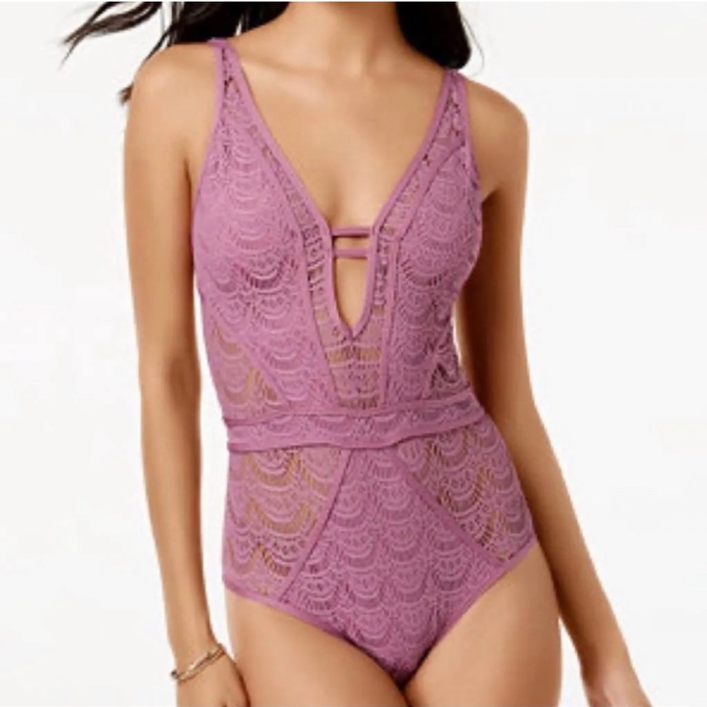 Becca Crochet Deep-V One-Piece Swimsuit